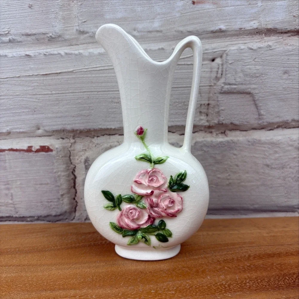 Vintage White Crackle Glaze Ewer Bud Vase Pink Roses Cottagecore Shabby Chic